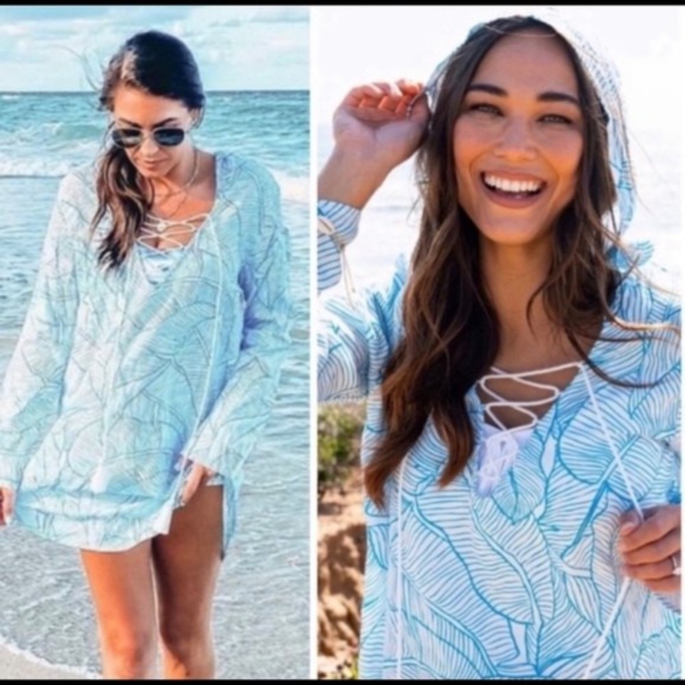 Sea Breeze Light Blue Leaf-Print Lace-Up Women's Swim Coverup